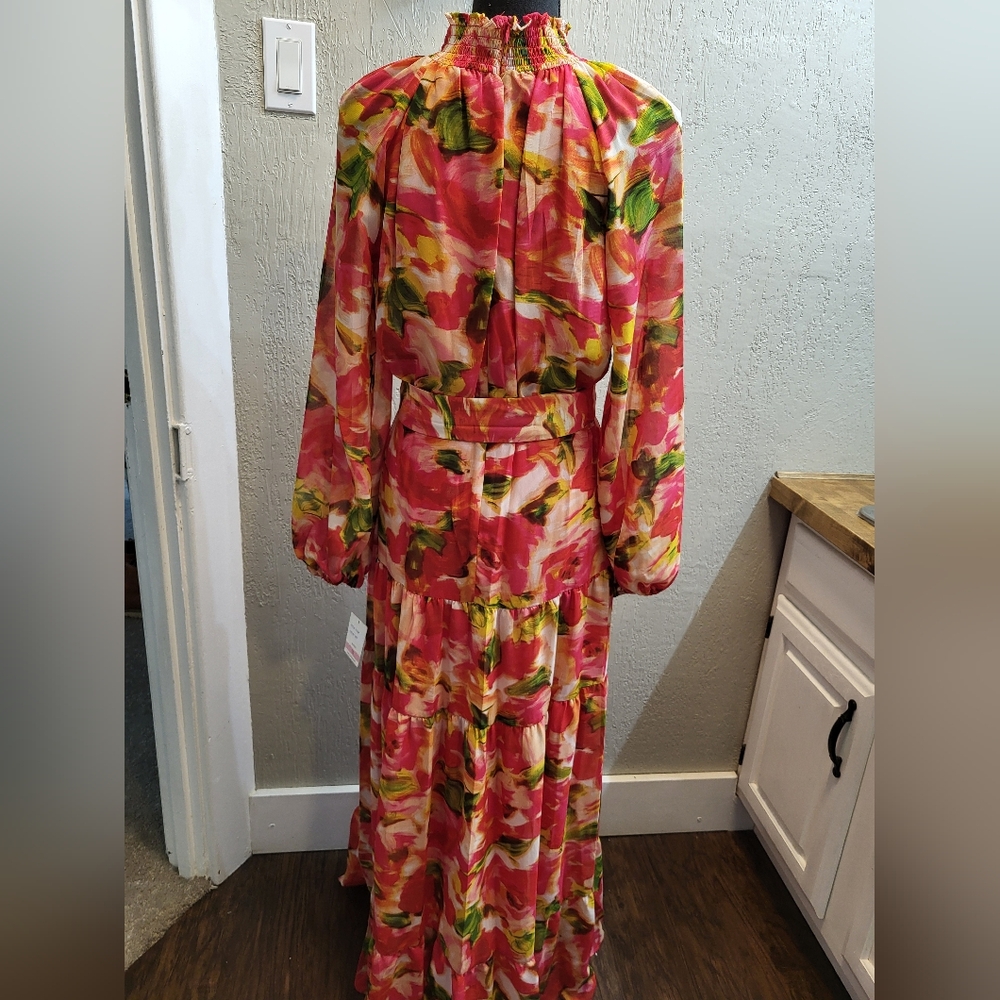 New Taylor Floral Chiffon Smocked Neck Sheer Ling Sleeve Belted Maxi Dress - Picture 10 of 15